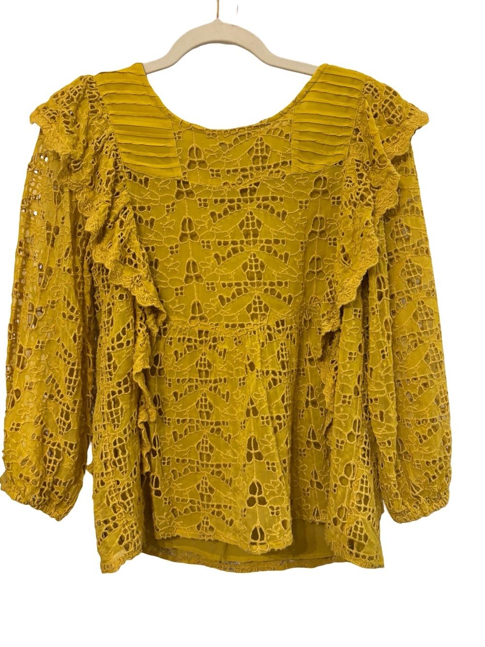 Anthropologie Mustard Lace Ruffle Blouse